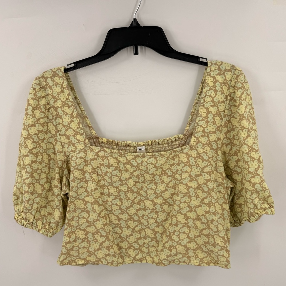 bp Yellow Floral Square-Neck Puff Sleeve Crop Top